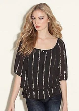 NWT $79 GUESS Molly Sequin Embelished Peasant top Blouse Black XS 1 2 3