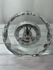 Round Skeleton Desk Clock Crystal Silver Center & Workings Faceted Glass 6" NEW