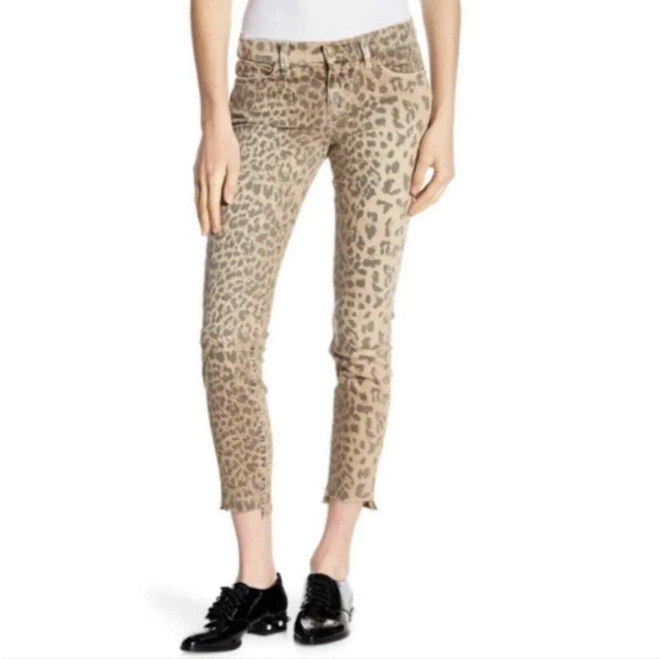 全新带标签 Current Elliot The Stiletto 骆驼豹纹牛仔裤 带阶切下摆 23/0 B20