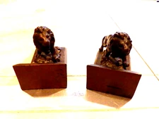 1922 RONSON CO PAIR CAST BRASS BOOKENDS LION ROCKY TERRAIN L.V.  ARONSON