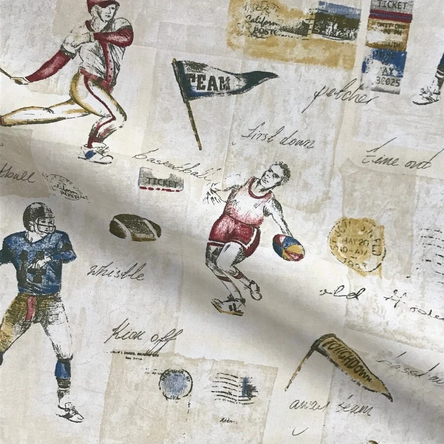 Varsity Football Print Cotton Curtain Lined Pinch Pleat Drapes Set of Two Pair g - Image 2 of 4