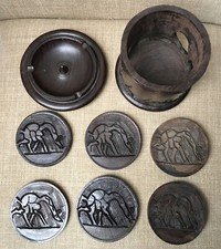 Hand Carved African Ebony Wood Coaster Set Of 6  Holder Elephants Rhino Giraffe