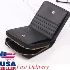 Women Black Small Bifold Leather Wallet Mini Card Bag Zipper Cute Pocket Purse