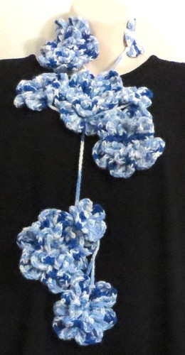 New Handmade Crochet Blue 66 Inches Flower Scarf Necklace Lariat
