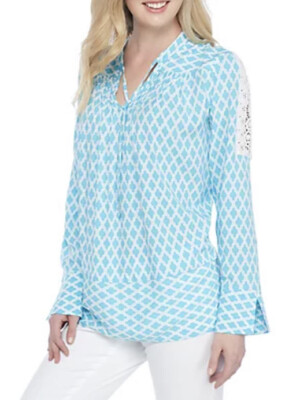 Crown & Ivy Women s Blue & White Tied Neck Long Sleeves Crochet Shoulders Top XS