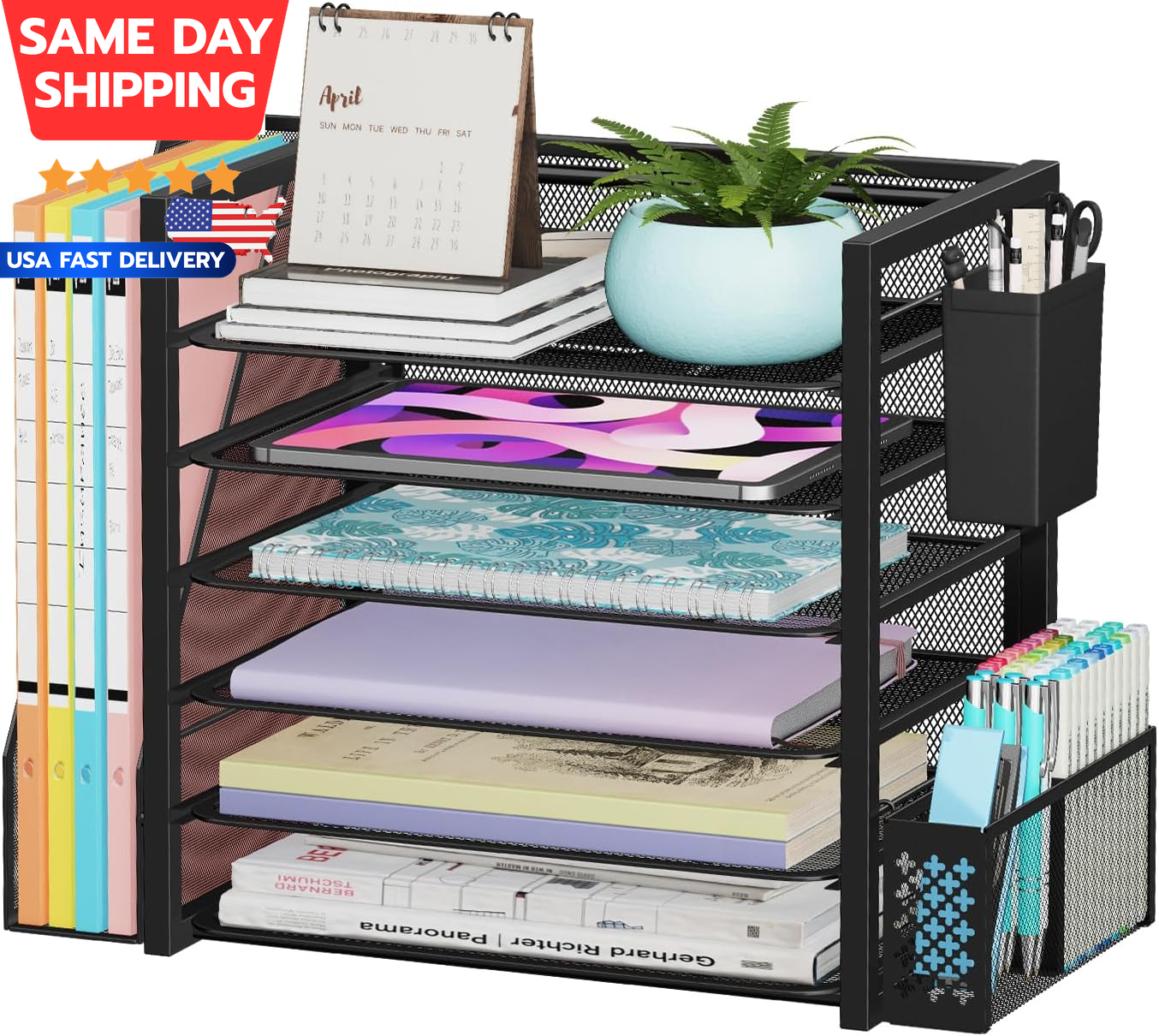 6 Tier Desk File Organizer with Letter Tray File Holder and Pen Storage-image