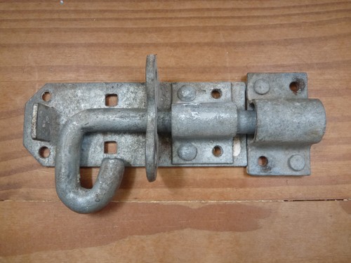 Iron slide bolt with keep, reclaimed, short heavy duty vintage bolt 4 3/4" long.