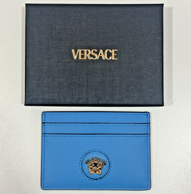 VERSACE LA MEDUSA CARD HOLDER BLUE PEBBLED CALF SKIN LEATHER NEW