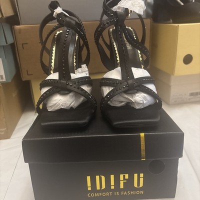 IDIFU IN4 RHINESTONE HEELS FOR WOMEN STRAPPY HIGH CHUNKY BLOCK HEELS SQUARE TOE