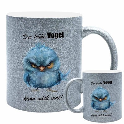 Keramik Glitzertasse - Der Frühe Vogel kann mich mal! Kaffeetasse Geschenk