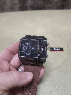 Oulm Mens Black Quartz Watch 3364 Brown Band New