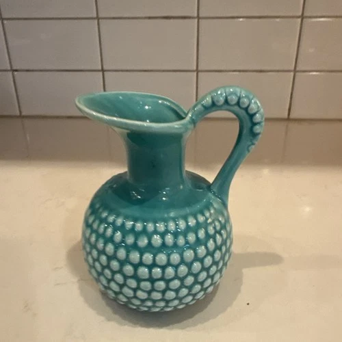 Vintage Ceramic Pottery Hobnail Turquoise Blue Milk Glass Pitcher