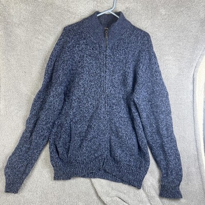 LL Bean Sweater Mens Large Blue 100% Lambswool Full Zip Mock Neck Pockets
