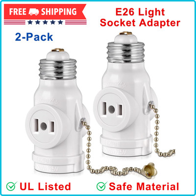 2 Outlet Light Socket Adapter With Pull Chain Switch White Medium Screw 2 Pack