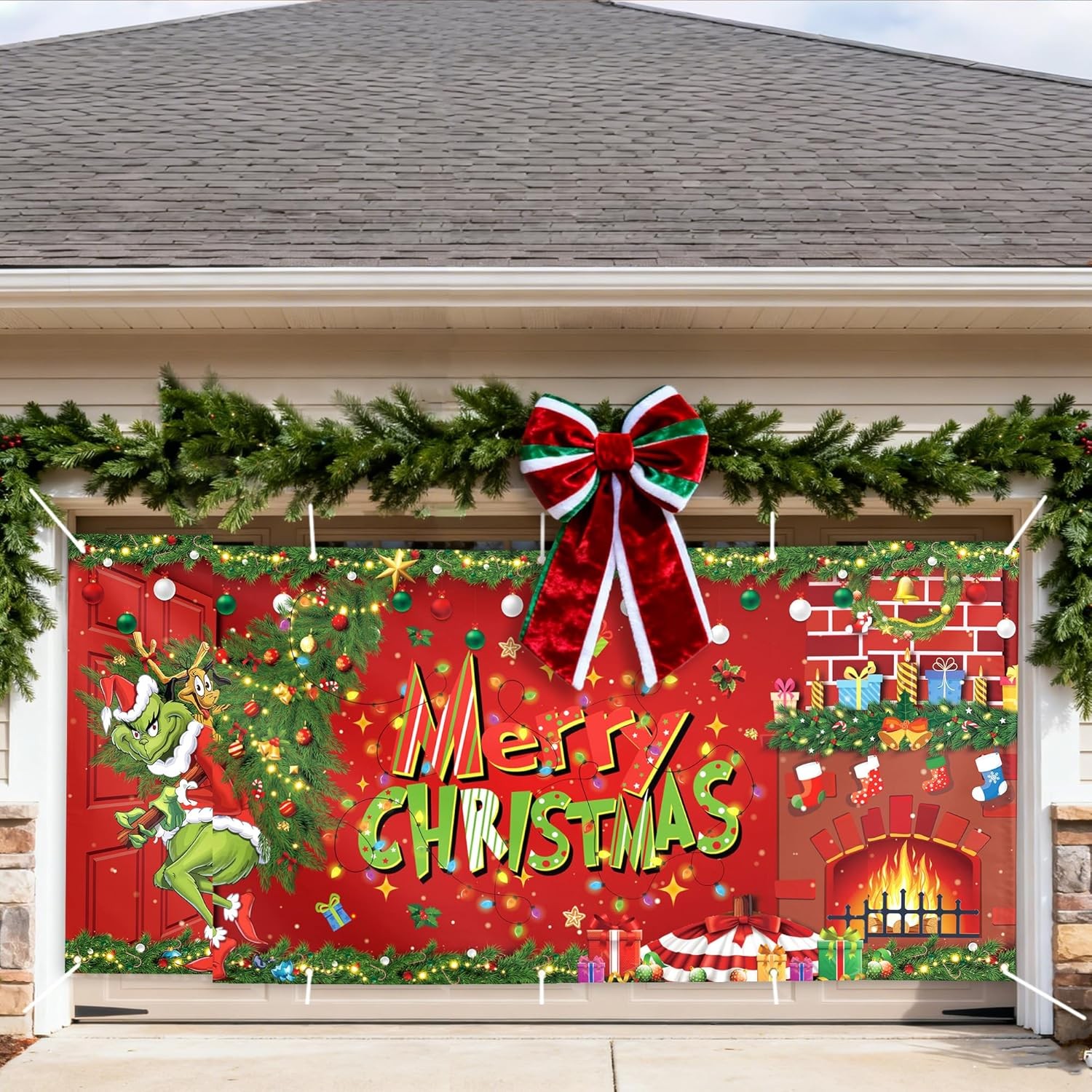 Christmas Garage Door Cover Red and Green Xmas Backdrop Hanging Sign Colorful 