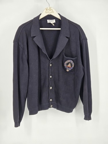 Hugo Boss, BOSS 1980s Men's Navy Button-Front Sweater Cardigan Crested Patch Vintage Preppy