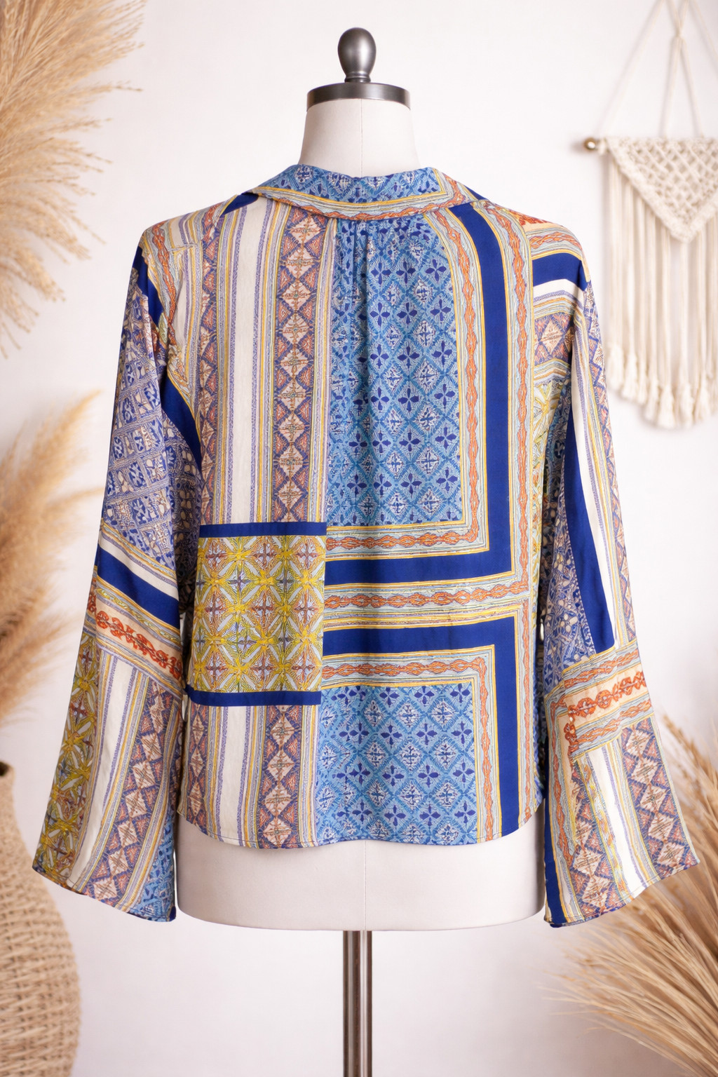 Boho Patchwork Bell Sleeve Blouse S Olivaceous Ti… - image 2