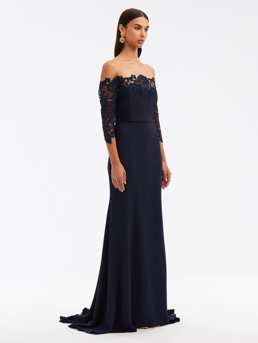 OSCAR DE LA RENTA £5770 Navy Crepe Guipure Lace Trim Gown Maxi Dress UK 20 US 16 image 2