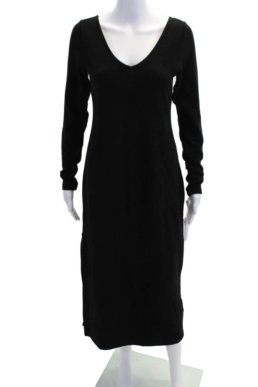 Stateside Womens V-neck Long Sleeve Slit Knit Midi Sweater Dress Black Size MFree Shipping in US $100+ Orders | $6.95 Orders Below