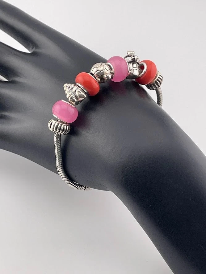 PULSERA CADENA SERPIENTE PLATA ESTERLINA 925 7" CUENTAS CHAMILIA TEMA PLAYA 4042 Foto 2 de 4