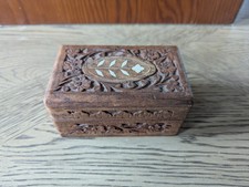VTG Wood Hand Carved Style Trinket Box with Blue Velvet Lining Flower 5"x3"x2.5"