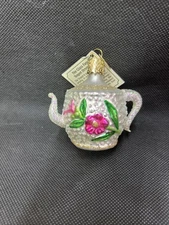 Old World Christmas The Glass Fancy Teapot Glitter Glass Ornament Pink No Tag