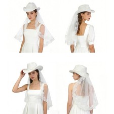 White Bride Cowgirl Hat Faux Pearl Lace Veil Hat Wedding Party Bridal Headwear