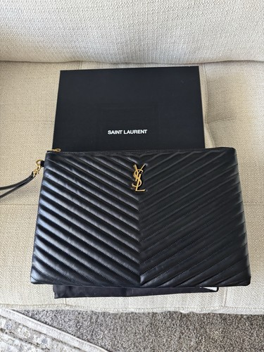 Saint Laurent Cassandra Black Large Monogram Leather Pouch Smooth Leather