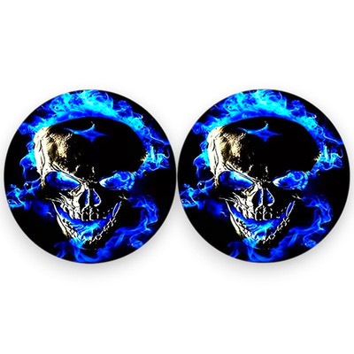 Blue Flame Skull Car Coasters 2pcs - Gothic Neoprene Cup Holder Inserts