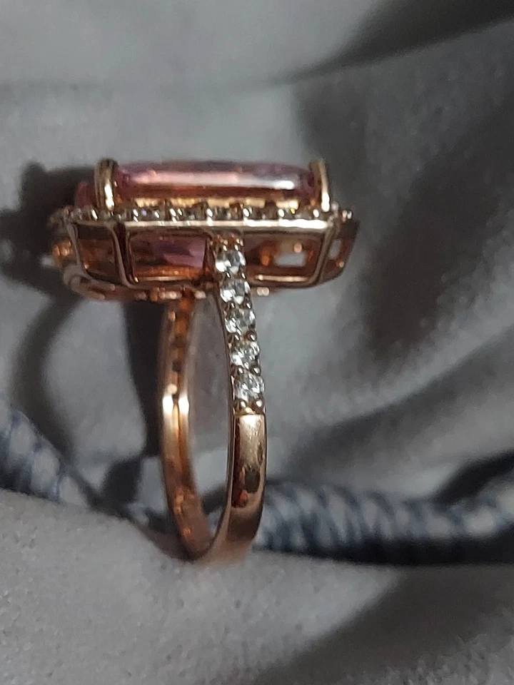 Lab Pink Sapphire 4CT Radiant Cut Wedding Halo Ring Rose Gold Over 925 Size 6 - Image 2 of 4