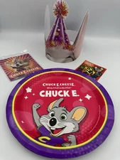 Chuck E. Cheese's LOT Birthday Lot Crown Plates, Stickers, Puzzle Brand New ￼￼