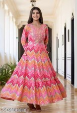 Indian Women  s Ethnic Printed Tiered Rayon Anarkali Maxi Gown Dress Fetive Party