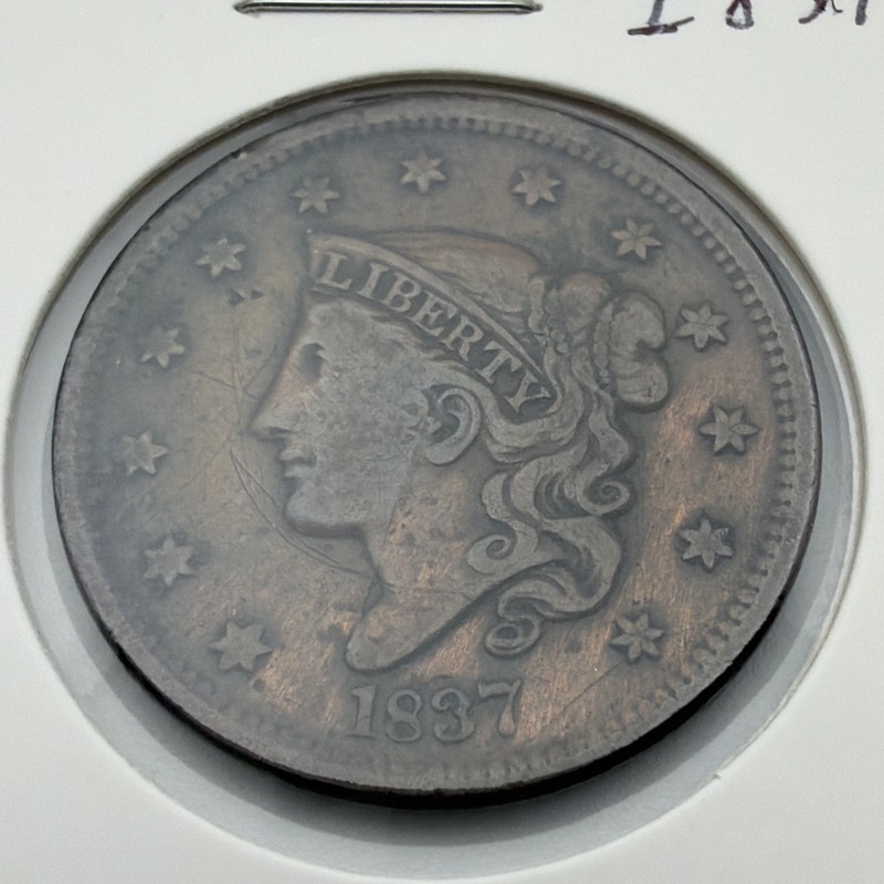1837 1C Head of 1838 N-11 Coronet or Matron Head Large Cent Beaded Cords Details