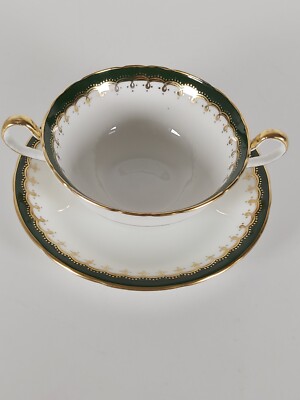 Aynsley Bone China grün vergoldet Suppentasse und Untertasse, Muster 8213