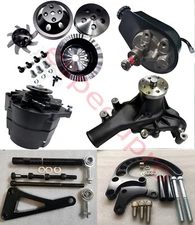 Black SBC 350 V Pulley + Bracket Kit & Power Steering Long Water Pump Alternator