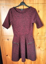 *Warehouse* Dress 8 Red & Black Animal Leopard Print, Wine Work Office Fit Flare
