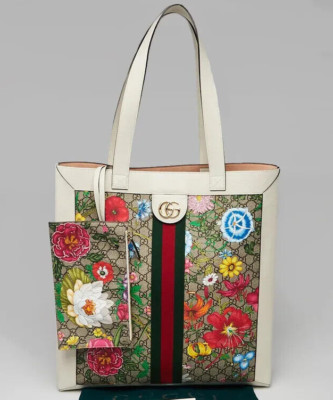 Gucci Ophidia Floral GG Supreme Canvas & Leather Large Tote Bag