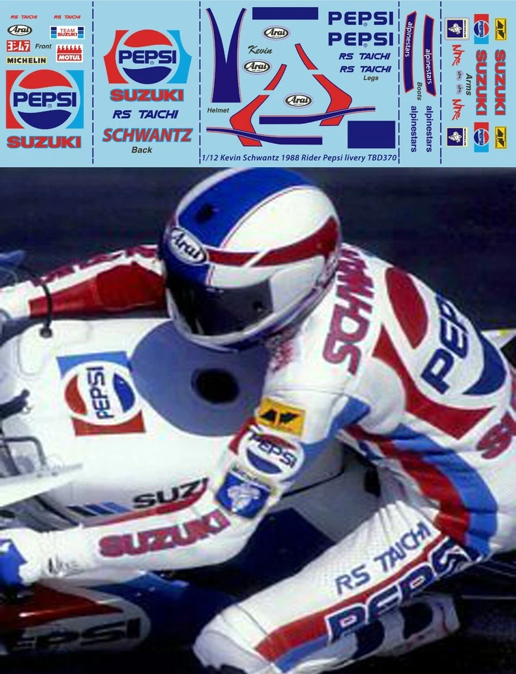 TBDECAL&MODELS 1/12 Decals per Kevin Schwantz 1988 Rider Figure Pepsi TBD370