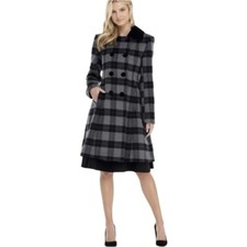 Gal Meets Glam Marnette Wool Blend Plaid Pea Coat L Double Breasted Velvet Black