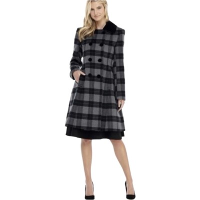 Gal Meets Glam Wool Velvet Peacoat Large Plaid Tartan Black Gray Double Breasted