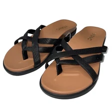 Vionic Sandals Womens 6 Black Strappy Leather Thong Flats Faux Snake Shoes Daisy