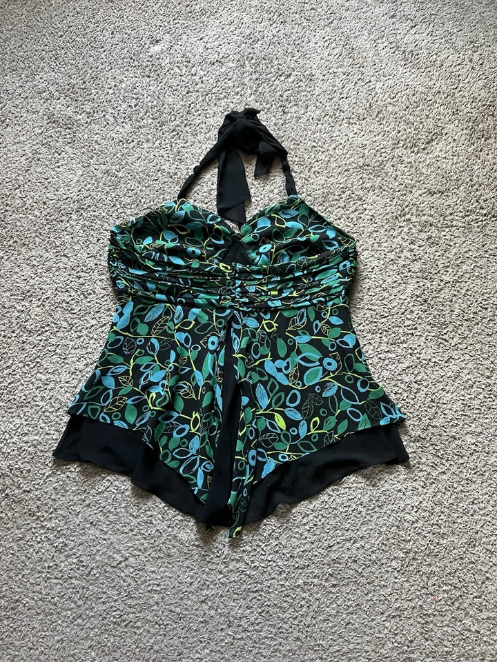 Top Halter Y2K Años 2000 1X Negro Verde Floral Gasa Asimétrico Hada Capricho Foto 4 de 4