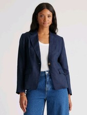 Quince European Linen Structured Blazer Navy Blue Women Single Button Workwear