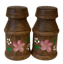 Vintage Wooden Salt & Pepper Shaker Set Green Blue Floral Decal