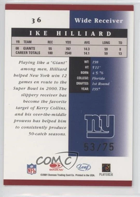 2001 Leaf Certified Materials Mirror Red /75 Ike Hilliard #36 - Image 2 of 2