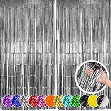 2 Pack Silver Foil Fringe Curtains, Silver Tinsel Backdrop Party Curtains,...