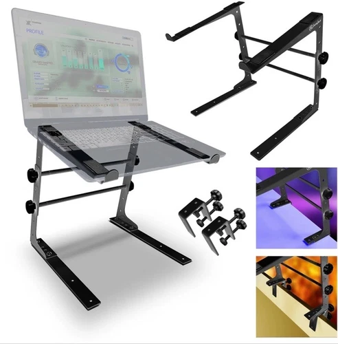 DJ Laptop Stand with table clamps 9.25x14” Adj audio mixer 13x16” Laptop Comp