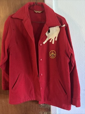 Vintage Boy Scouts Of America Official Red Wool Button Jacket Size 14 White Bull