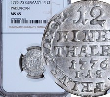 NGC MS-65 PADERBORN GERMANY SILVER 1/12 THALER 1776 HIGHEST GRADED! TOP POP: 1/0