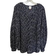 Cabi Womens XL V Neck Love Script Print Top Te Amo Balloon Sleeve Blue White